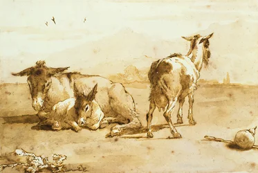 Two Donkeys and a Goat in a Landscape